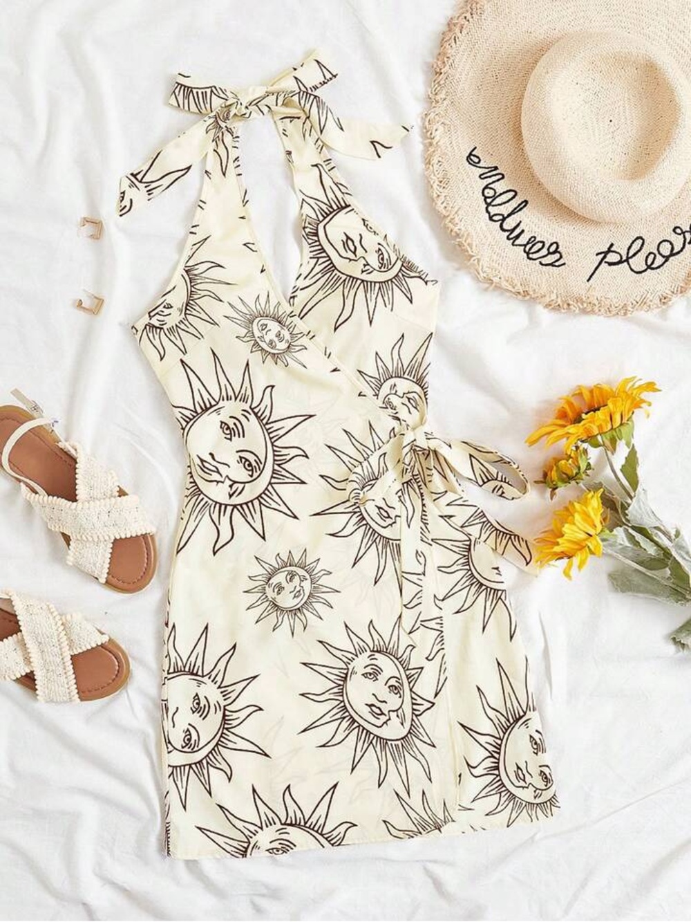 SHEIN Women's Cream Sun Print Halter Wrap Mini Summer Vacay Dress